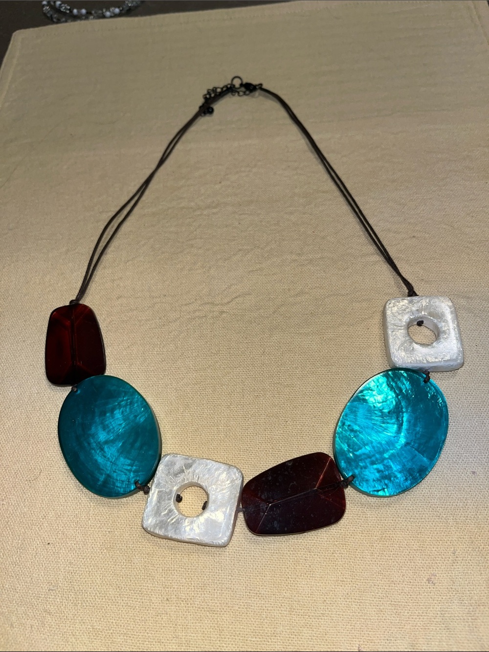 Statement Multi-Shape Women’s Necklace in Teal, Burgundy & Pearl